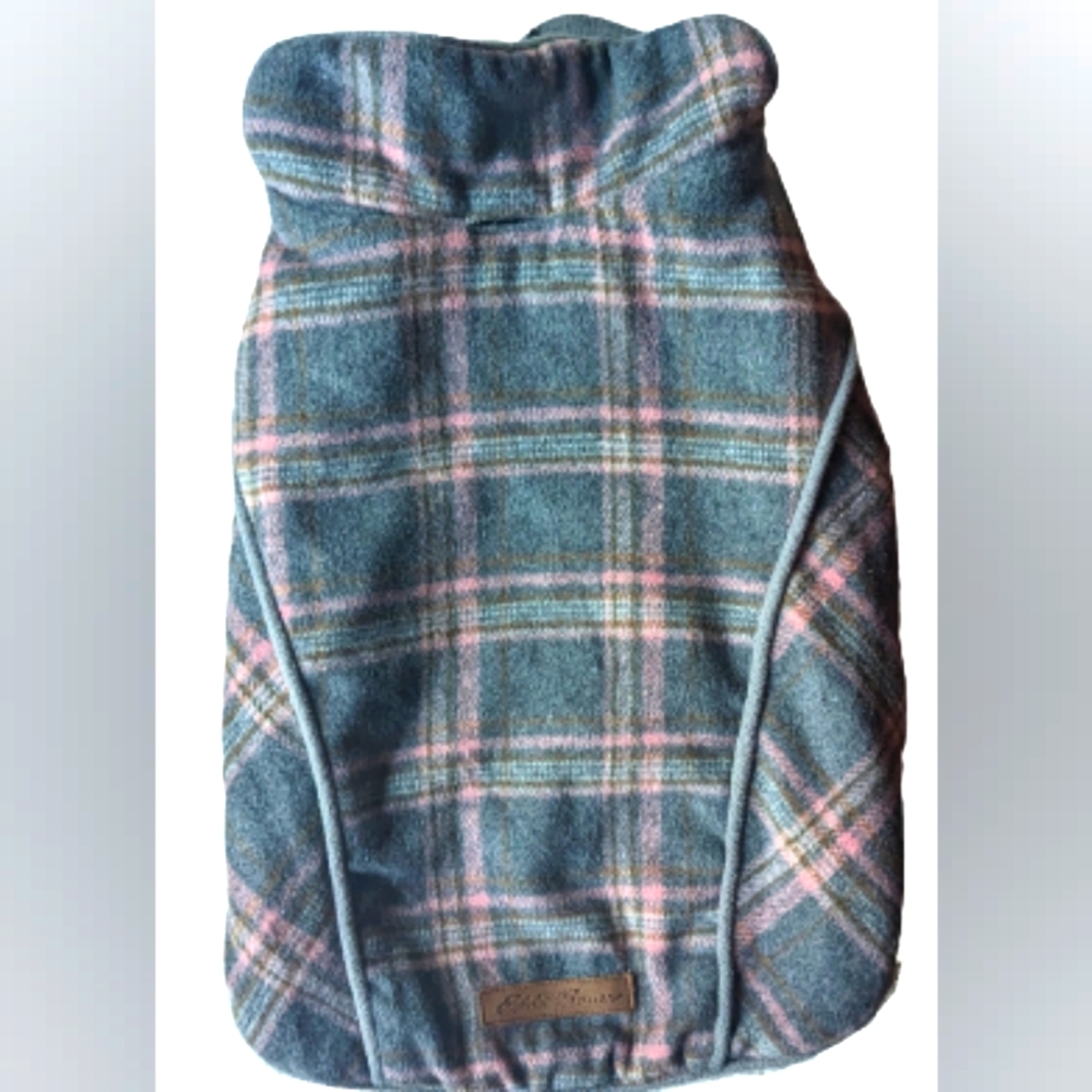 GUC Eddie Bauer gray and pink plaid fleece velcro at bottom neck and belly close